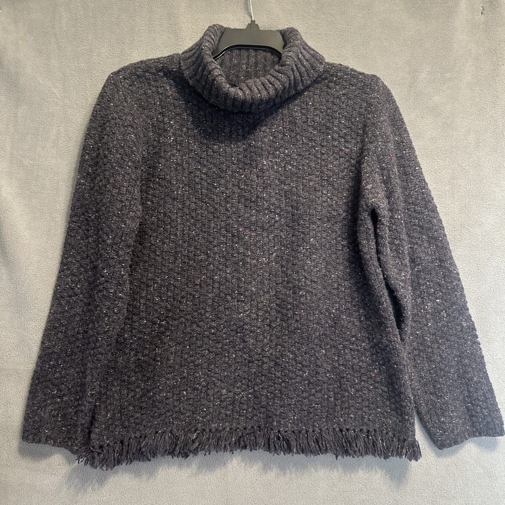 Crossing Pointe Wool Turtleneck Sweater‎ Fringe Womens L Blue Fisherman Heritage